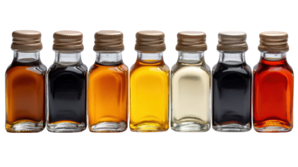 A row of assorted small glass bottles containing different sauces against a white background.