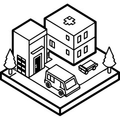 Isometric illustration of a medical building with vehicles and trees silhouette