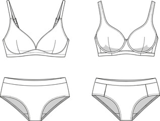 CAD drawing flat vector illustration, lingerie underwear set design, bra and panty technical sketch, garments dress, garments cloth, fashion template