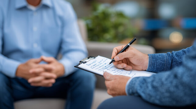Close framing of psychologist&acirc;s notebook filled with handwritten notes, military man&acirc;s hands resting tensely on his lap, blurred background showing the counseling session in progre
