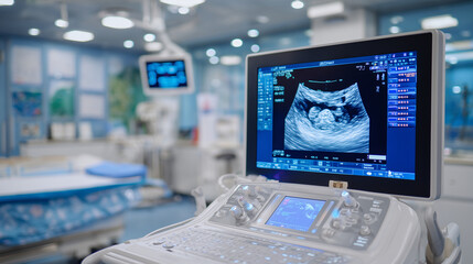 Modern medical ultrasound scanner in a brightly lit hospital diagnostic room, sleek white casing with multiple probe ports, clear monitor displaying detailed fetus scan in real-tim