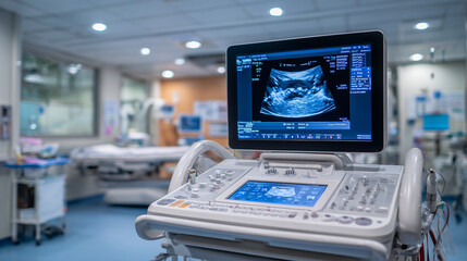 Modern medical ultrasound scanner in a brightly lit hospital diagnostic room, sleek white casing with multiple probe ports, clear monitor displaying detailed fetus scan in real-tim