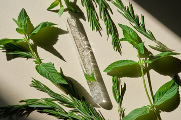 Cosmetic gel with mint in a test tube.