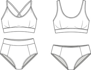 CAD flat sketch of women’s underwear set, sports bra and panty front and back view, fashion vector illustration © Hasem Creative