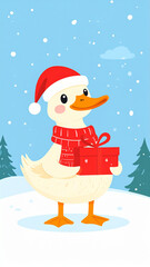 Fototapeta premium Cute Christmas Duck Illustration with Gift, Scarf, and Santa Hat