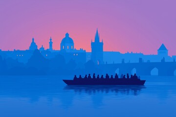 Fototapeta premium Flat Modern Illustration of Group on River Cruise with Historic Silhouettes