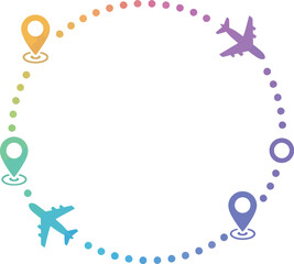 Travel route map with airplane and pin icons for journey planning concept