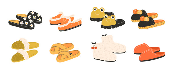 Cute autumn slippers set flat style cozy home footwear collection perfect for seasonal designs thanksgiving fall fashion and children’s illustrations