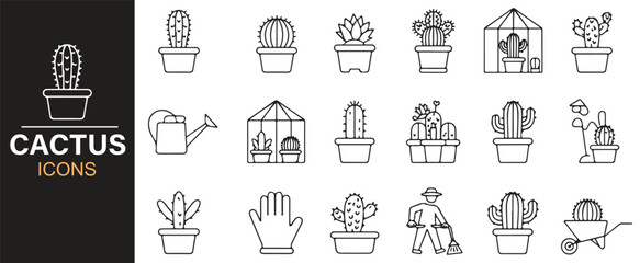Modern Icon Set of Cactus, Pot, and Gardening Tools