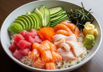 Japanese poke bowl with raw salmon, tuna, and avocado on sushi rice for a healthy fresh meal
