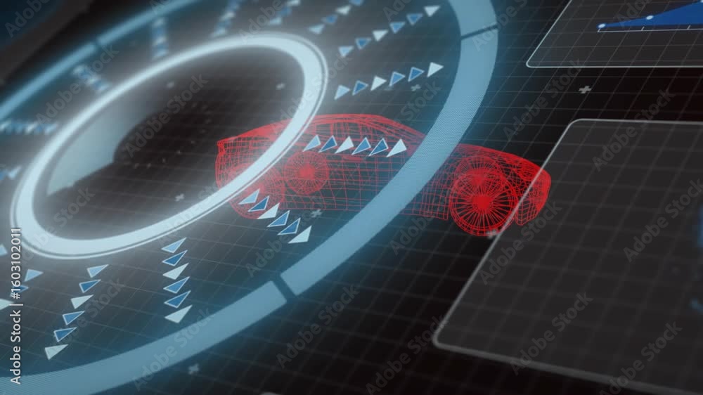 Poster dark grid loading rotating ring scanning arrows while 3d car model fading and bars, globe animating