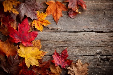 Obraz premium Autumn leaves on rustic wooden surface with vibrant colors