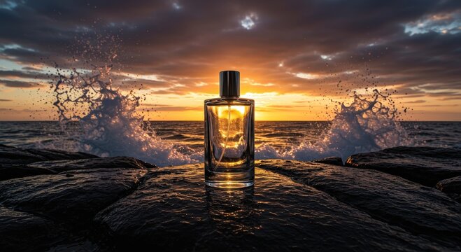 Luxury perfume bottle on ocean rocks during a dramatic and beautiful golden sunset with waves