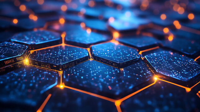 Digital hexagon network with glowing orange edges and blue data points, creating futuristic and dynamic technology concept