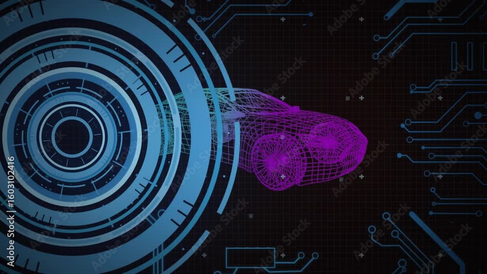 Poster animating grid initiating code overlays looping hud rings and rotating 3d wireframe car for ui demo