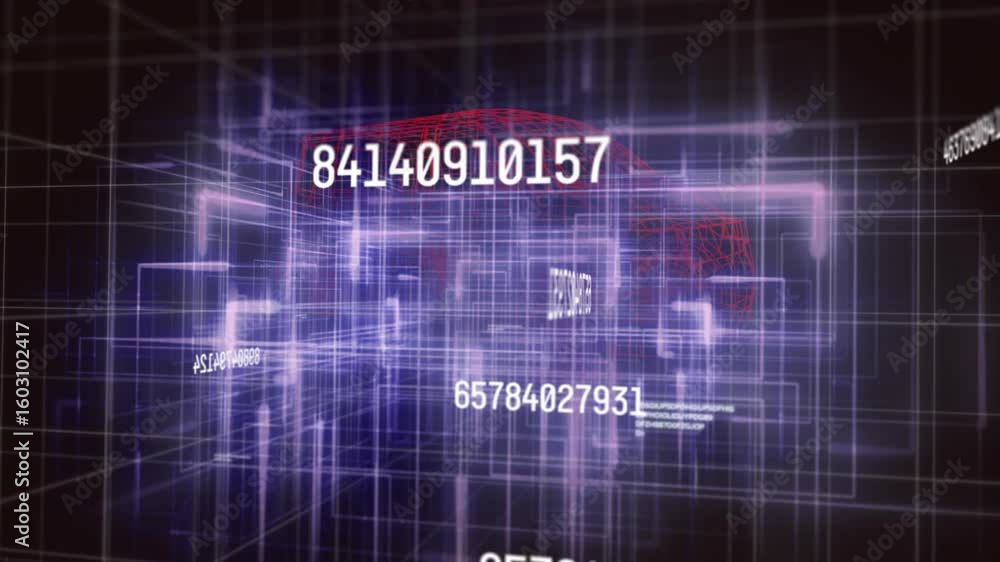 Poster grid forming triggers camera moving forward while numeric codes floating to represent data network