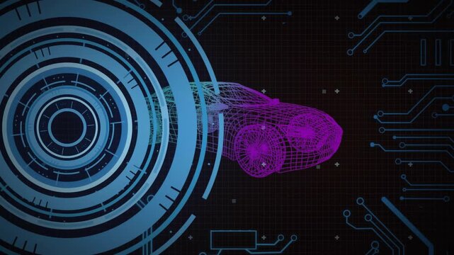 Animating grid initiating code overlays looping HUD rings and rotating 3D wireframe car for UI demo