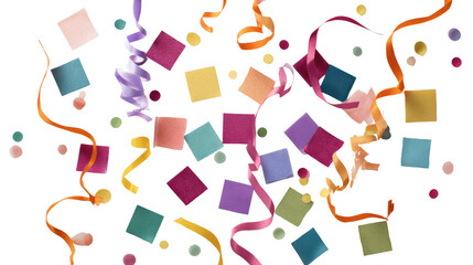 Colorful confetti and ribbons scattered on a white background for festive celebrations.