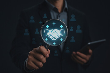 Businessman using a magnifying glass to find a business partner. Concept of recruitment, HR, strategic collaboration, and deal analysis.