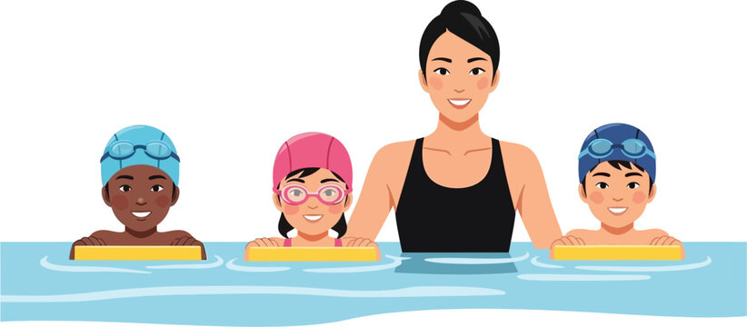 A swimming instructor with three children holding kickboards in a swimming pool during a lesson