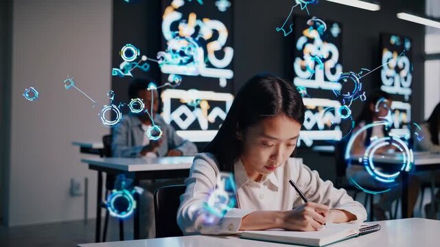 Woman sitting at table with laptop. Students are writing in classroom with technology. A teamwork learning in futuristic education. A woman at a table using a laptop lifestyle.