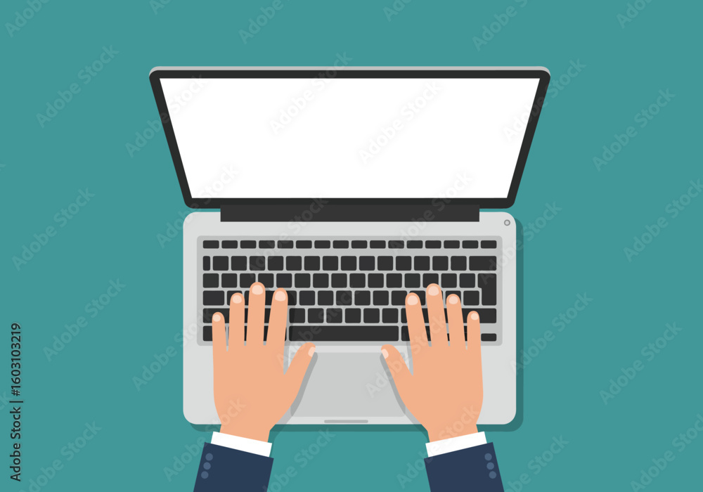 Poster close up view of a person wearing a suit typing on a modern silver laptop computer from an overhead 