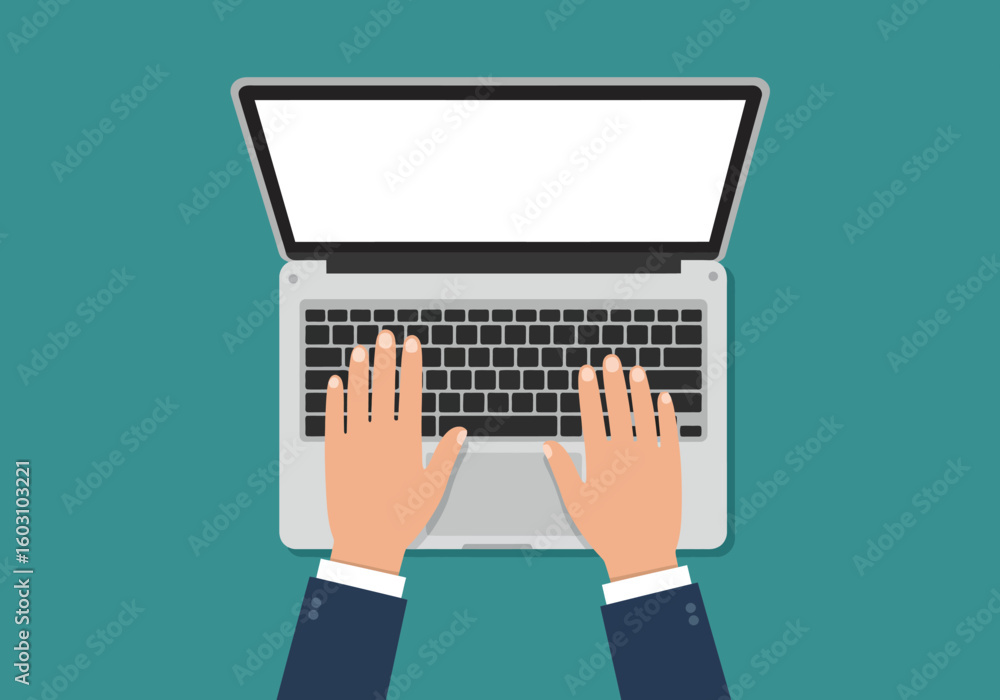 Poster top down view of hands typing on a laptop keyboard demonstrating typing skills and digital productiv