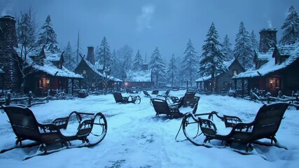 Snowy village scene with vintage sleighs ready for a winter adventure ride, holiday spirit - Powered by Adobe