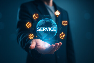 Businessman holding a hologram for global customer service. Concept of omnichannel support, CRM, and 24/7 business solutions.