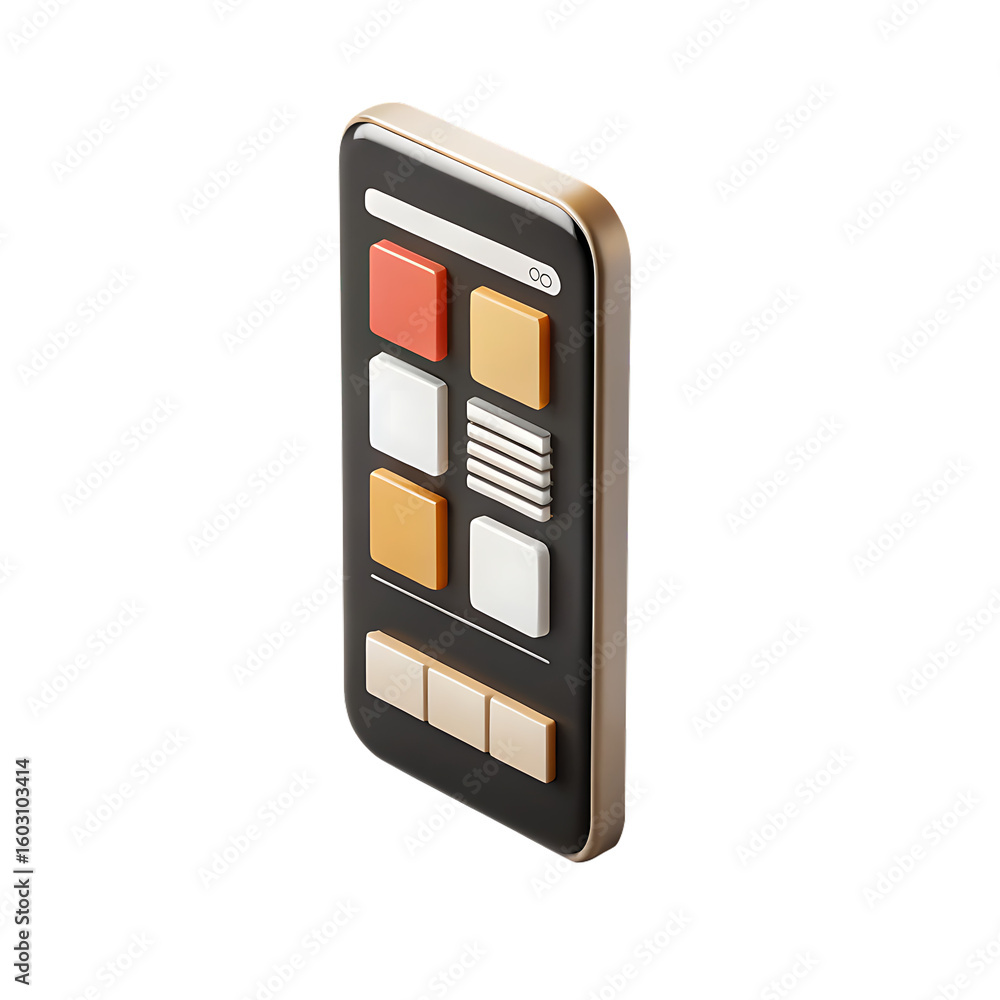 Poster 3 d rendered smartphone screen with colorful app icons and wireframe interface isolated on a transpa
