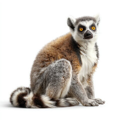 A striking portrait of a ring tailed lemur sitting isolated on white background