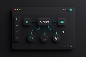AI Agent workflow automation on a visual, node-based editor. Concept of no-code/low-code platforms, process management, and artificial intelligence solutions.
