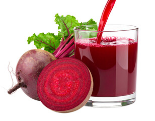 A glass of ruby red beetroot juice with whole and sliced beetroots, isolated on a white background.