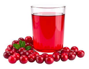 A glass of vibrant cranberry juice with scattered fresh cranberries, isolated on a white background.