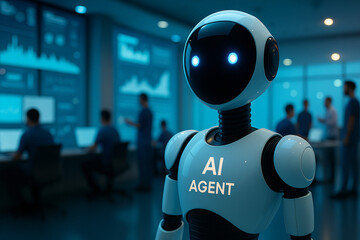 AI Agent robot standing in a futuristic data control center with a team of engineers. Concept of artificial intelligence, automation, and advanced data analysis.