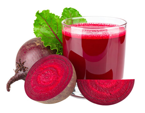 Vibrant beetroot juice in a glass with fresh beetroots, isolated on a white background, highlighting healthy beverages.
