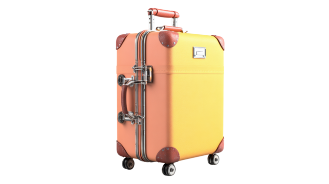Colorful suitcase on wheels ready for your next adventure, isolated on white background.