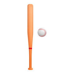 Wooden baseball bat and ball displayed in flat graphic style on a white background. Concept of sport equipment. Vector illustration