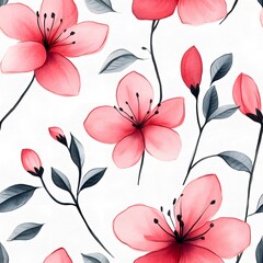 Delicate watercolor floral pattern of pink blossoms and leaves.