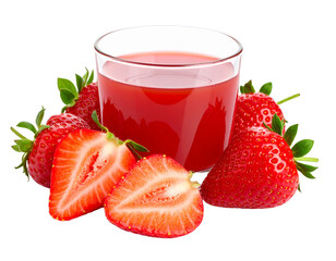 A glass of refreshing strawberry juice with whole and sliced strawberries, isolated on a white...