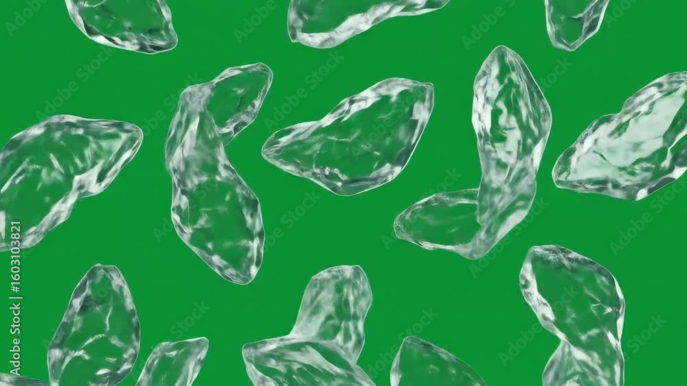 Poster transparent ice cubes scattered on a vibrant green background, creating a refreshing visual effect
