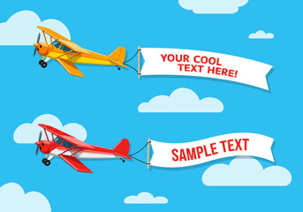 Two Biplanes Flying in the Sky Pulling Banners with Text for Advertising or Information Display