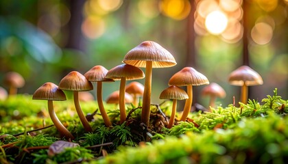 Forest mushrooms in sunlight