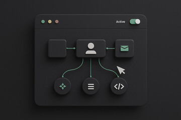Visualizing a user workflow or journey map on a dark mode interface. Concept of no-code automation platforms, CRM, and process management.