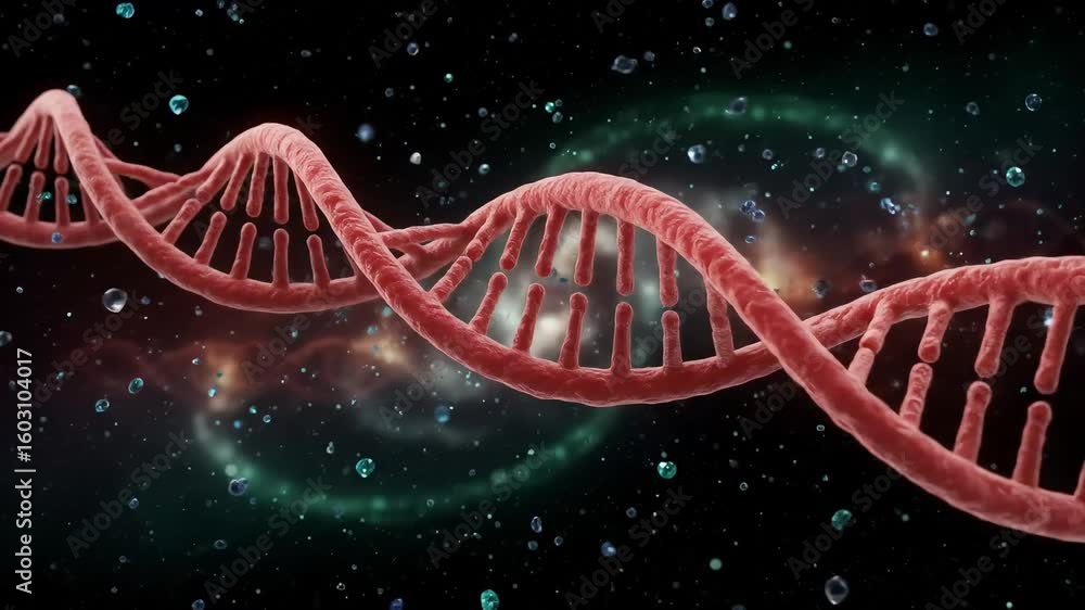 Poster vibrant 3d rendering of a dna double helix floating in a cosmic space with colorful nebulae