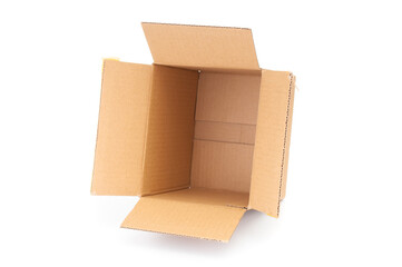 Open cardboard box close up isolated on white background
