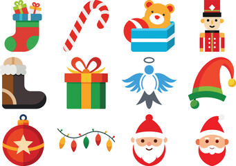 Fototapeta premium Vector art of a collection of christmas icons including a stocking candy cane teddy bear and nutcracker isolated on transparent background
