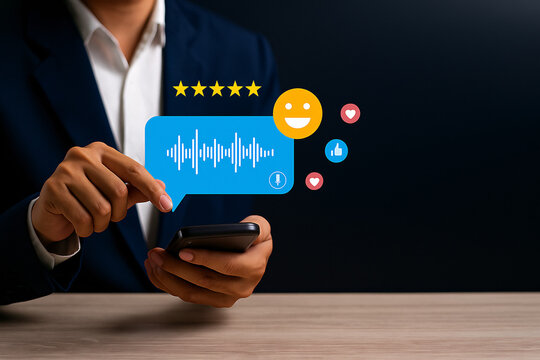 Businessman sending a positive voice message review. Concept of customer satisfaction, audio feedback, voice technology, and social media engagement.