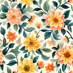 Floral pattern with various blossoms and leaves.
