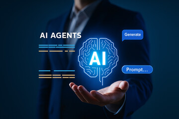 Businessman showcasing AI Agents on a holographic interface. Concept of generative artificial intelligence, prompt engineering, and business automation solutions.